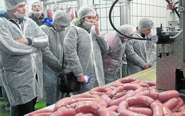 Visita de los estudiantes a la fábrica Gamar, ayer. /C. V.