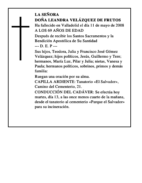 DOÑA LEANDRA VELÁZQUEZ DE FRUTOS