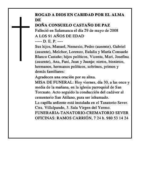 DOÑA CONSUELO CASTAÑO DE PAZ