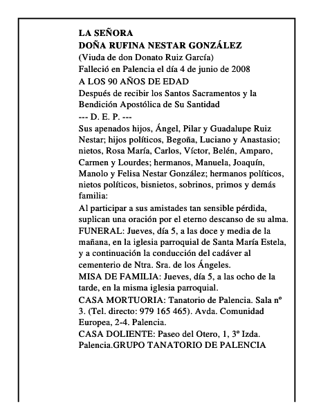 DOÑA RUFINA NESTAR GONZÁLEZ