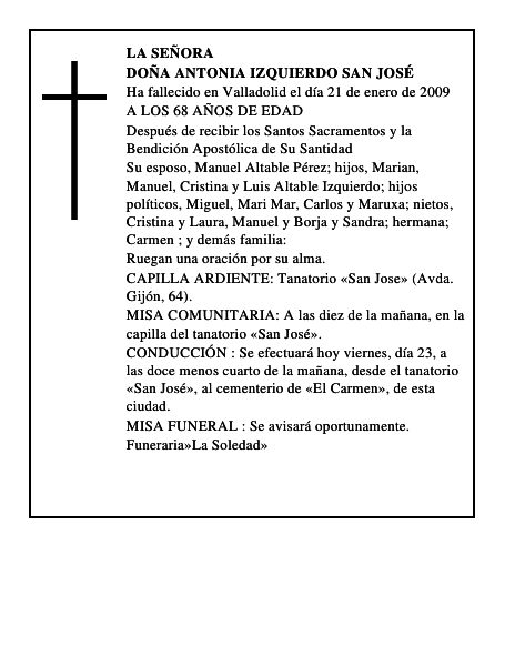 DOÑA ANTONIA IZQUIERDO SAN JOSÉ