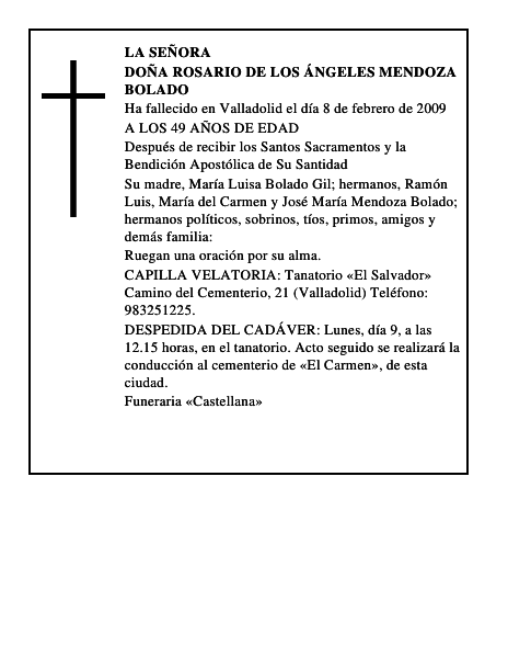 DOÑA ROSARIO DE LOS ÁNGELES MENDOZA BOLADO