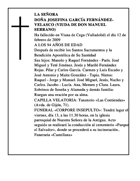 DOÑA JOSEFINA GARCÍA FERNÁNDEZ-VELASCO (Viuda de don Manuel Serrano)