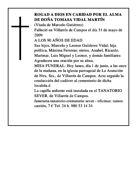 ROGAD A DIOS EN CARIDAD POR EL ALMA DE DOÑA TOMASA VIDAL MARTÍN