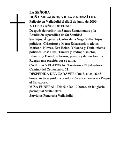 DOÑA MILAGROS VILLAR GONZÁLEZ