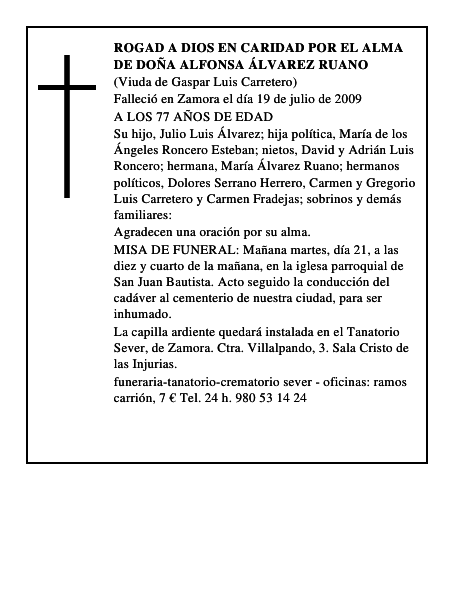 ROGAD A DIOS EN CARIDAD POR EL ALMA DE DOÑA ALFONSA ÁLVAREZ RUANO