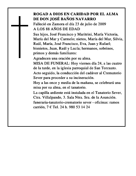 ROGAD A DIOS EN CARIDAD POR EL ALMA DE DON JOSÉ BAÑOS NAVARRO