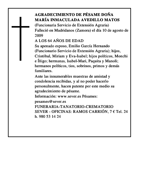 AGRADECIMIENTO DE PÉSAME DOÑA MARÍA INMACULADA AVEDILLO MATOS