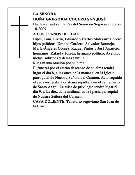 DOÑA GREGORIA COCERO SAN JOSÉ