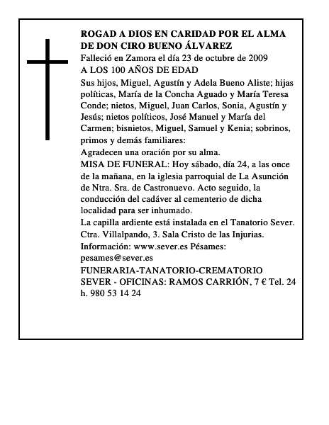ROGAD A DIOS EN CARIDAD POR EL ALMA DE DON CIRO BUENO ÁLVAREZ