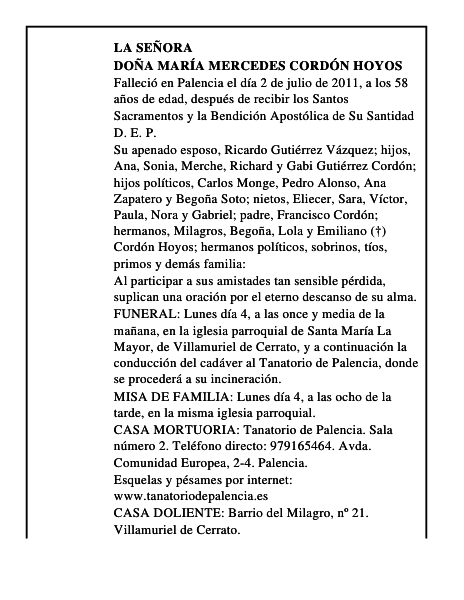 Doña María Mercedes Cordón Hoyos