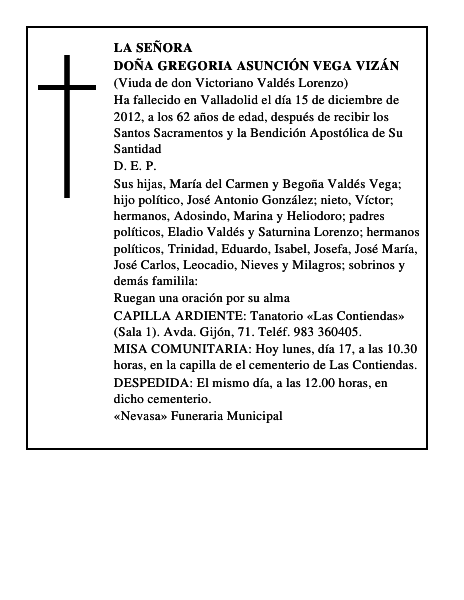 Doña Gregoria Asunción Vega Vizán