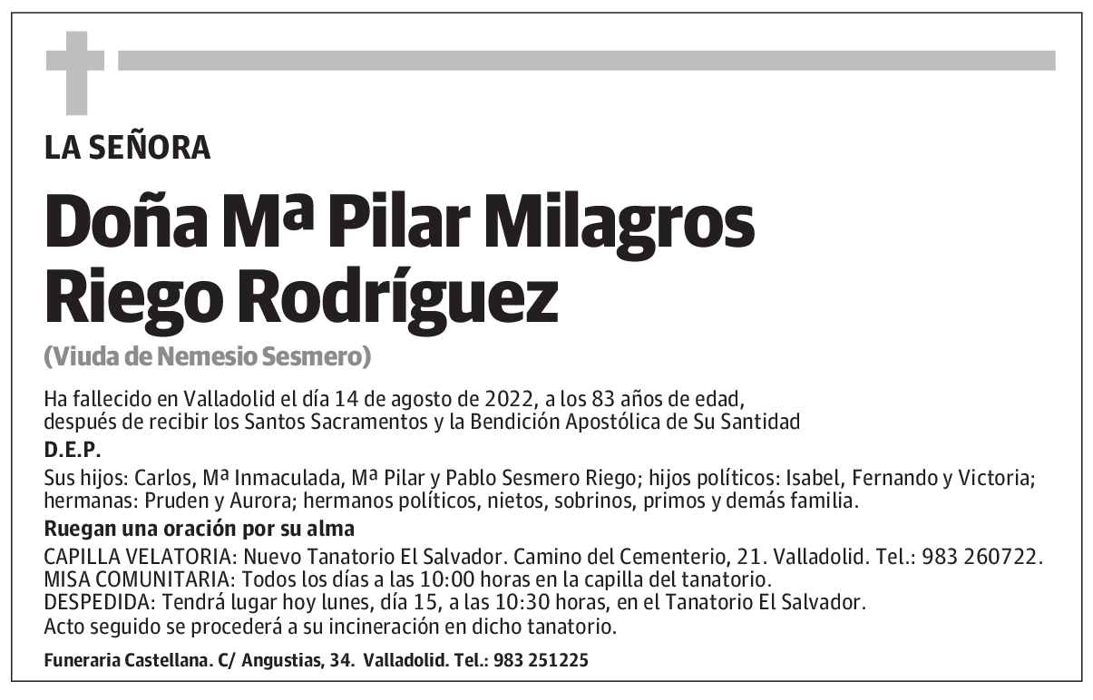 Doña Mª Pilar Milagros Riego Rodríguez