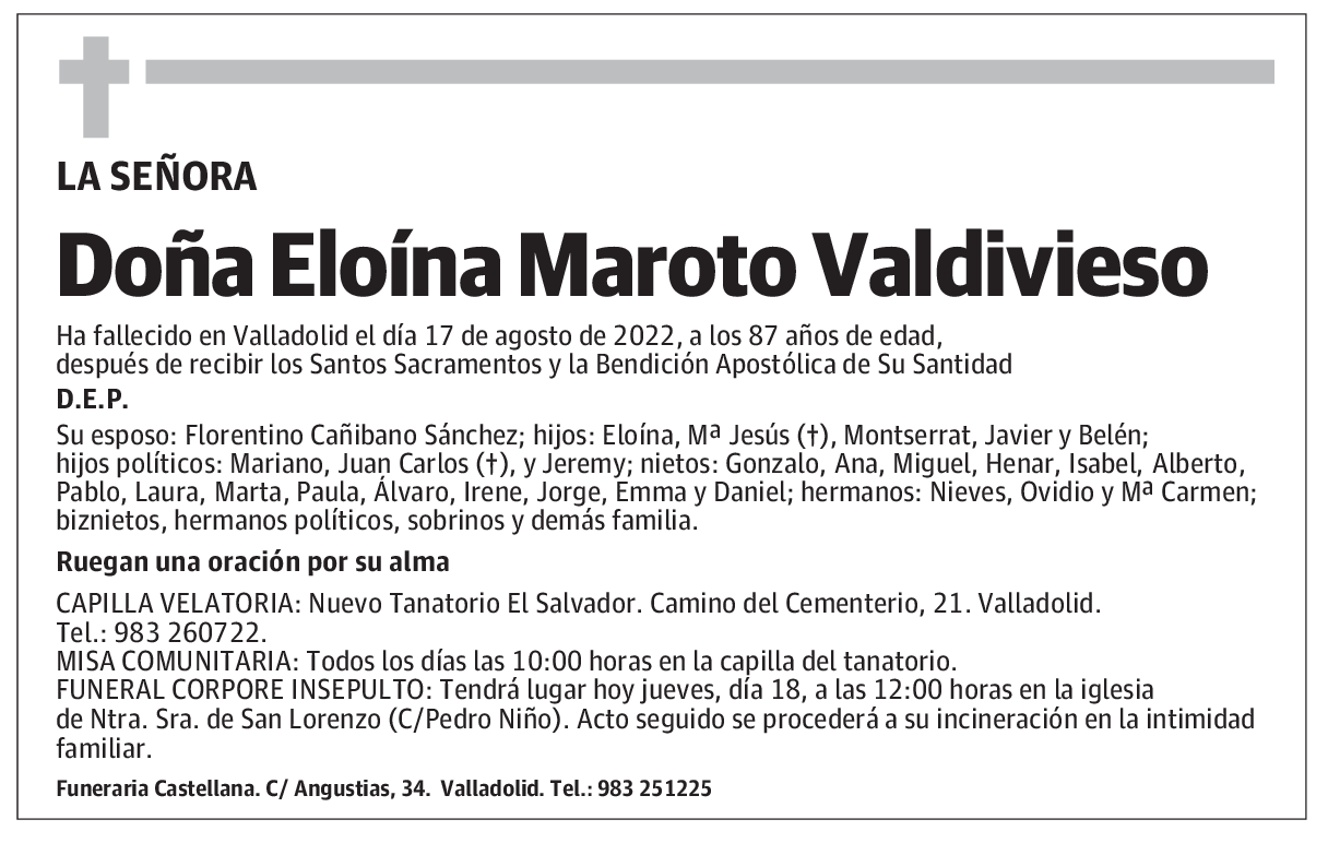 Doña Eloína Maroto Valdivieso Ha fallecido