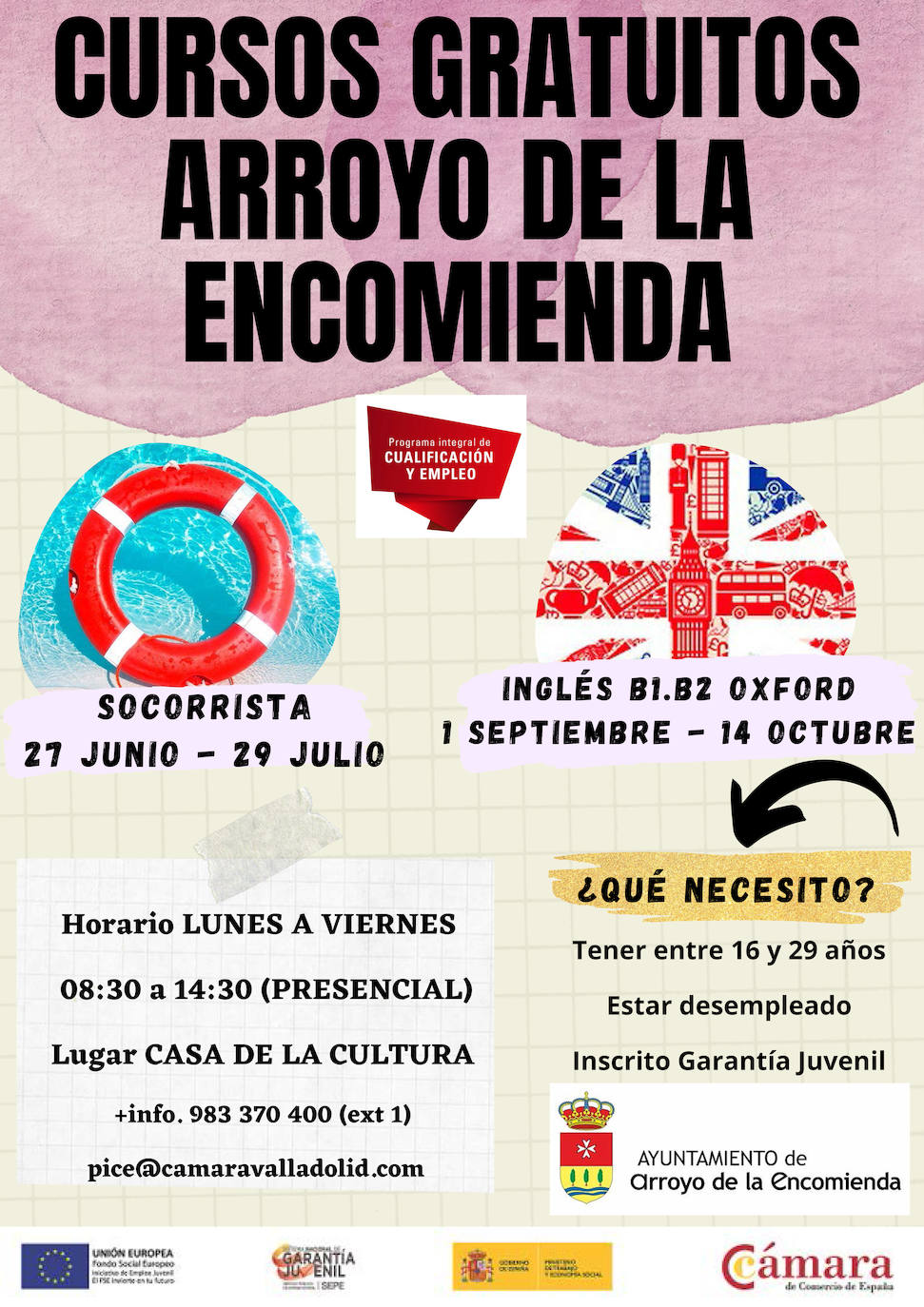 Cartel de los cursos gratuitos ofrecidos por el Ayuntamiento de Arroyo y la Cámara de Comercio de Valladolid