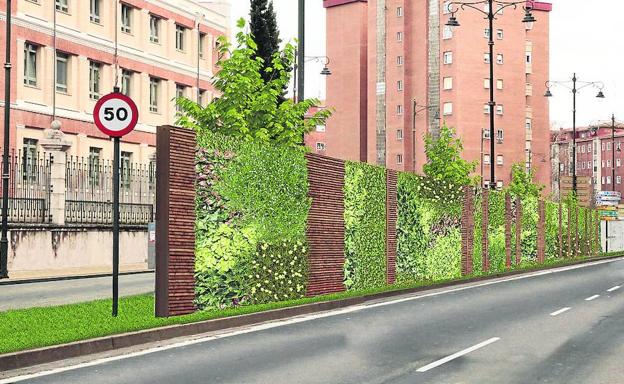 Recreación infográfica de la barrera acústica verde del Paeo Hospital Militar de Valladolid.